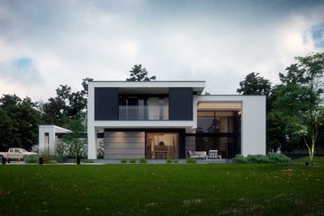 Projekt domu LK&1549 - z pełnym piętrem dom o powierzchni 208,77 m², dach płaski, koszt budowy 633 000 zł - ujęcie frontu