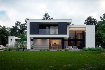 Projekt domu LK&1549 - z pełnym piętrem dom o powierzchni 208,77 m², dach płaski, koszt budowy 679 000 zł - ujęcie frontu