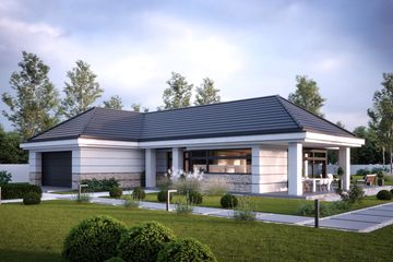 Projekt domu LK&1548 - parterowy dom o powierzchni 197,64 m², dach wielospadowy, koszt budowy 653 000 zł - ujęcie frontu