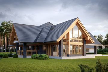 Projekt domu LK&1546 - parterowy z poddaszem dom o powierzchni 295,23 m², dach wielospadowy, koszt budowy 919 000 zł - ujęcie frontu