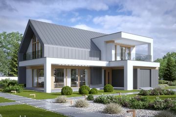 Projekt domu LK&1531 - parterowy z poddaszem dom o powierzchni 139,39 m², dach dwuspadowy, koszt budowy 406 000 zł - ujęcie frontu