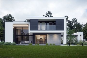 Projekt domu LK&1526 - z pełnym piętrem dom o powierzchni 208,77 m², dach płaski, koszt budowy 629 000 zł - ujęcie frontu