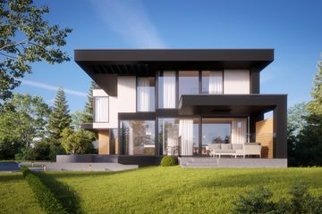 Projekt domu LK&1519 - z pełnym piętrem dom o powierzchni 214,23 m², dach płaski, koszt budowy 632 000 zł - ujęcie frontu