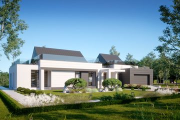 Projekt domu LK&1517 - parterowy dom o powierzchni 338,11 m², dach dwuspadowy, koszt budowy 1 197 000 zł - ujęcie frontu