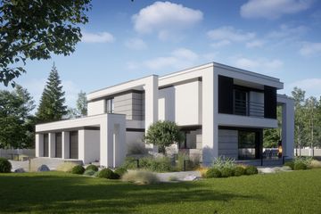 Projekt domu LK&1515 - z pełnym piętrem dom o powierzchni 195,88 m², dach płaski, koszt budowy 623 000 zł - ujęcie frontu