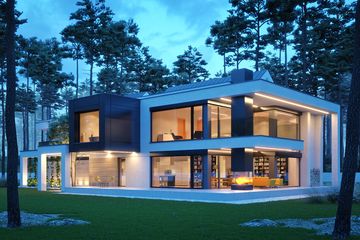 Projekt domu LK&1510 - z pełnym piętrem dom o powierzchni 469,89 m², dach płaski, koszt budowy 1 581 000 zł - ujęcie frontu