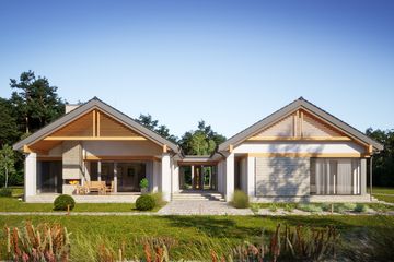 Projekt domu LK&1489 - parterowy dom o powierzchni 270,58 m², dach dwuspadowy, koszt budowy 803 000 zł - ujęcie frontu