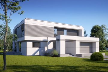 Projekt domu LK&1484 - z pełnym piętrem dom o powierzchni 185,65 m², dach płaski, koszt budowy 565 000 zł - ujęcie frontu