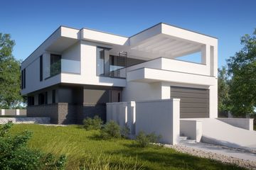 Projekt domu LK&1482 - z pełnym piętrem dom o powierzchni 181,95 m², dach płaski, koszt budowy 543 000 zł - ujęcie frontu