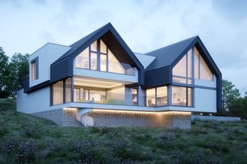 Projekt domu LK&1474 - parterowy z poddaszem dom o powierzchni 284,06 m², dach dwuspadowy, koszt budowy 1 006 000 zł - ujęcie frontu