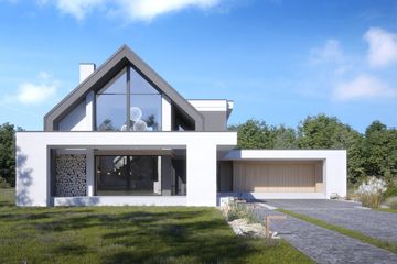 Projekt domu LK&1473 - parterowy z poddaszem dom o powierzchni 194,94 m², dach dwuspadowy, koszt budowy 612 000 zł - ujęcie frontu
