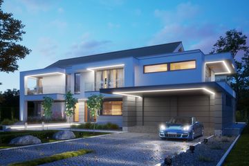 Projekt domu LK&1472 - z pełnym piętrem dom o powierzchni 282,27 m², dach dwuspadowy, koszt budowy 908 000 zł - ujęcie frontu