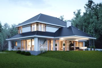 Projekt domu LK&1471 - z pełnym piętrem dom o powierzchni 192,95 m², dach kopertowy, koszt budowy 621 000 zł - ujęcie frontu