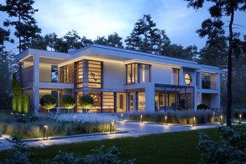 Projekt domu LK&1465 - z pełnym piętrem dom o powierzchni 300,28 m², dach płaski, koszt budowy 1 014 000 zł - ujęcie frontu