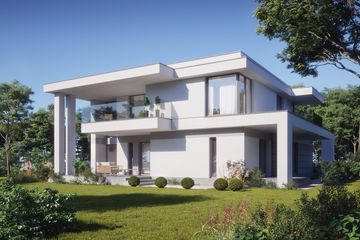 Projekt domu LK&1449 - z pełnym piętrem dom o powierzchni 209,46 m², dach płaski, koszt budowy 653 000 zł - ujęcie frontu