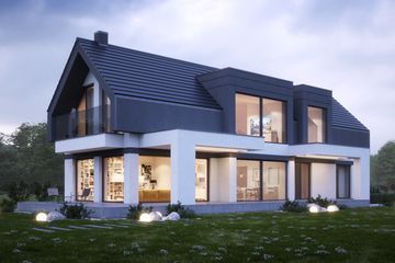Projekt domu LK&1447 - z pełnym piętrem dom o powierzchni 235,49 m², dach dwuspadowy, koszt budowy 767 000 zł - ujęcie frontu