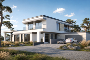 Projekt domu LK&1442 - z pełnym piętrem dom o powierzchni 358,55 m², dach płaski, koszt budowy 1 227 000 zł - ujęcie frontu