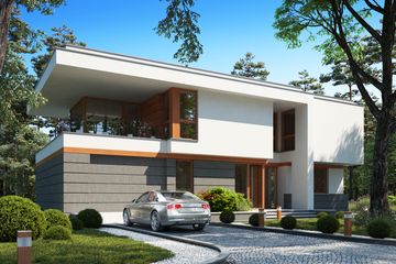 Projekt domu LK&1441 - z pełnym piętrem dom o powierzchni 260,30 m², dach płaski, koszt budowy 866 000 zł - ujęcie frontu