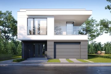 Projekt domu LK&1440 - z pełnym piętrem dom o powierzchni 165,26 m², dach płaski, koszt budowy 493 000 zł - ujęcie frontu