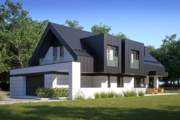 Projekt domu LK&1437 - parterowy z poddaszem dom o powierzchni 163,38 m², dach dwuspadowy, koszt budowy 504 000 zł - ujęcie frontu