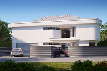 Projekt domu LK&1436 - z pełnym piętrem dom o powierzchni 426,43 m², dach kopertowy, koszt budowy 1 202 000 zł - ujęcie frontu