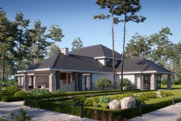 Projekt domu LK&1435 - z pełnym piętrem dom o powierzchni 423,92 m², dach kopertowy, koszt budowy 1 392 000 zł - ujęcie frontu