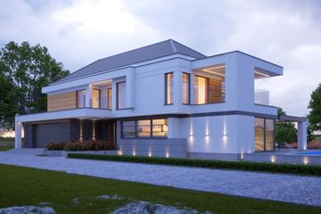 Projekt domu LK&1434 - z pełnym piętrem dom o powierzchni 341,57 m², dach kopertowy, koszt budowy 1 153 000 zł - ujęcie frontu