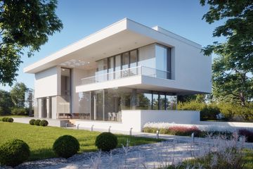 Projekt domu LK&1430 - z pełnym piętrem dom o powierzchni 379,11 m², dach płaski, koszt budowy 1 320 000 zł - ujęcie frontu