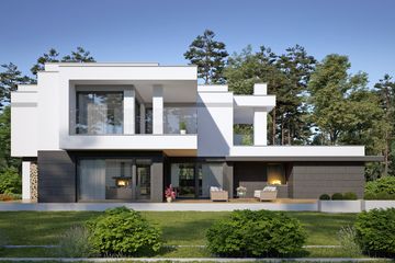 Projekt domu LK&1429 - z pełnym piętrem dom o powierzchni 224,24 m², dach płaski, koszt budowy 672 000 zł - ujęcie frontu