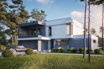 Projekt domu LK&1427 - z pełnym piętrem dom o powierzchni 240,08 m², dach płaski, koszt budowy 637 000 zł - ujęcie frontu