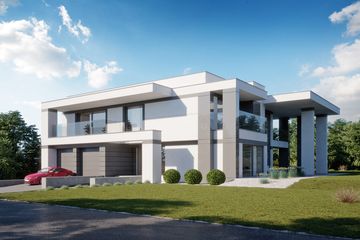 Projekt domu LK&1415 - z pełnym piętrem dom o powierzchni 350,15 m², dach płaski, koszt budowy 1 036 000 zł - ujęcie frontu