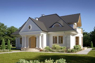 Projekt domu LK&1410 - parterowy z poddaszem dom o powierzchni 183,87 m², dach kopertowy, koszt budowy 483 000 zł - ujęcie frontu