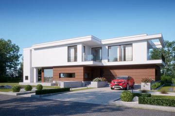 Projekt domu LK&1408 - z pełnym piętrem dom o powierzchni 284,27 m², dach płaski, koszt budowy 845 000 zł - ujęcie frontu