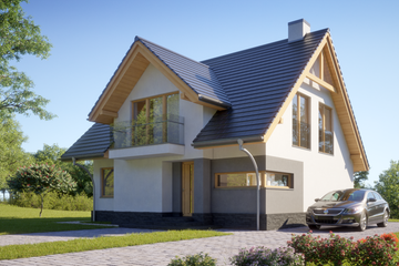 Projekt domu LK&1390 - parterowy z poddaszem dom o powierzchni 129,15 m², dach dwuspadowy, koszt budowy 365 000 zł - ujęcie frontu