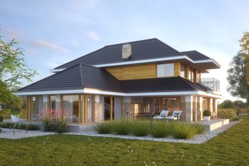 Projekt domu LK&1386 - z pełnym piętrem dom o powierzchni 282,97 m², dach kopertowy, koszt budowy 909 000 zł - ujęcie frontu