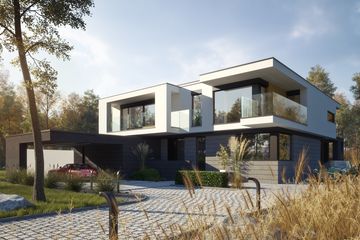 Projekt domu LK&1380 - z pełnym piętrem dom o powierzchni 326,06 m², dach płaski, koszt budowy 1 009 000 zł - ujęcie frontu