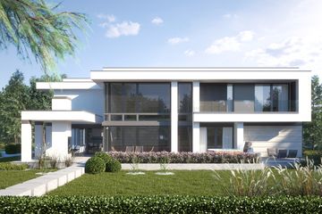 Projekt domu LK&1378 - z pełnym piętrem dom o powierzchni 342,68 m², dach płaski, koszt budowy 1 096 000 zł - ujęcie frontu