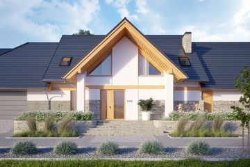 Projekt domu LK&1367 - parterowy z poddaszem dom o powierzchni 280,84 m², dach dwuspadowy, koszt budowy 924 000 zł - ujęcie frontu