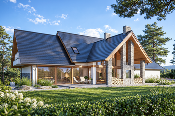 Projekt domu LK&1367 - parterowy z poddaszem dom o powierzchni 280,84 m², dach dwuspadowy, koszt budowy 898 000 zł - ujęcie frontu