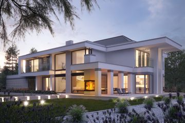 Projekt domu LK&1361 - z pełnym piętrem dom o powierzchni 416,39 m², dach kopertowy, koszt budowy 1 515 000 zł - ujęcie frontu