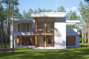 Projekt domu LK&1345 - z pełnym piętrem dom o powierzchni 232,61 m², dach płaski, koszt budowy 705 000 zł - ujęcie frontu