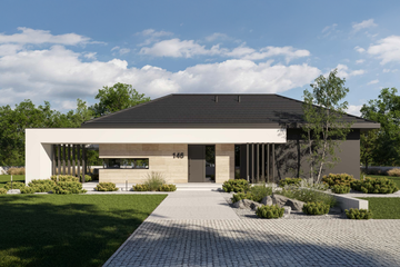 Projekt domu HomeKoncept 146 - parterowy dom o powierzchni 111,61 m², dach kopertowy, koszt budowy 350 000 zł - ujęcie frontu