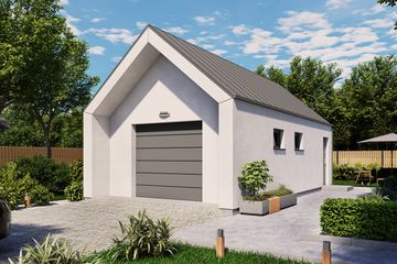 Projekt budynku gospodarczego G365 budynek gospodarczy - parterowy dom o powierzchni 35,27 m², dach dwuspadowy - ujęcie frontu