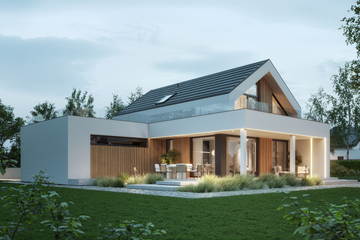 Projekt domu NewHouse 749 w1 G2 - parterowy z poddaszem dom o powierzchni 99,77 m², dach dwuspadowy, koszt budowy 314 000 zł - ujęcie frontu