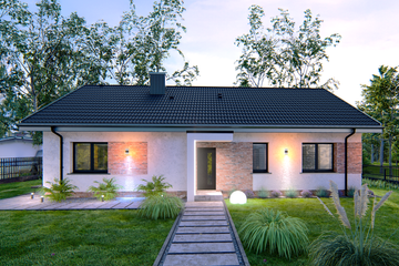 Projekt domu Prosty 1A - parterowy dom o powierzchni 94,52 m², dach dwuspadowy, koszt budowy 251 000 zł - ujęcie frontu