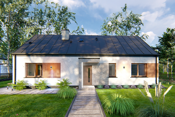Projekt domu Prosty 1B - parterowy dom o powierzchni 94,49 m², dach dwuspadowy, koszt budowy 251 000 zł - ujęcie frontu