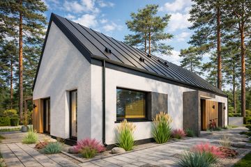 Projekt domu Prosty 2 - parterowy dom o powierzchni 105,85 m², dach dwuspadowy, koszt budowy 302 000 zł - ujęcie frontu