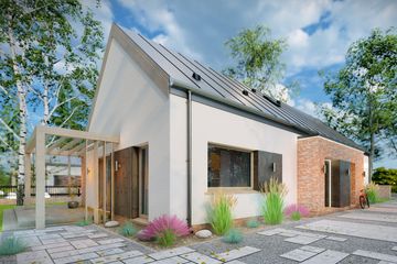 Projekt domu Prosty 2B - parterowy dom o powierzchni 112,92 m², dach dwuspadowy, koszt budowy 322 000 zł - ujęcie frontu