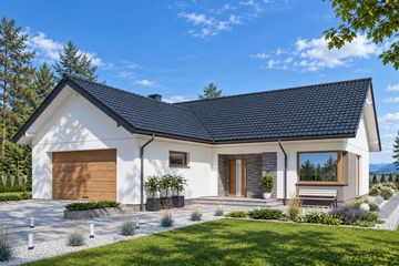 Projekt domu N54-G2 - parterowy dom o powierzchni 98,26 m², dach dwuspadowy, koszt budowy 298 000 zł - ujęcie frontu