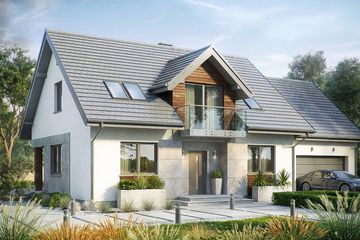 Projekt domu Krajobrazy 145 - parterowy z poddaszem dom o powierzchni 157,05 m², dach dwuspadowy, koszt budowy 444 000 zł - ujęcie frontu